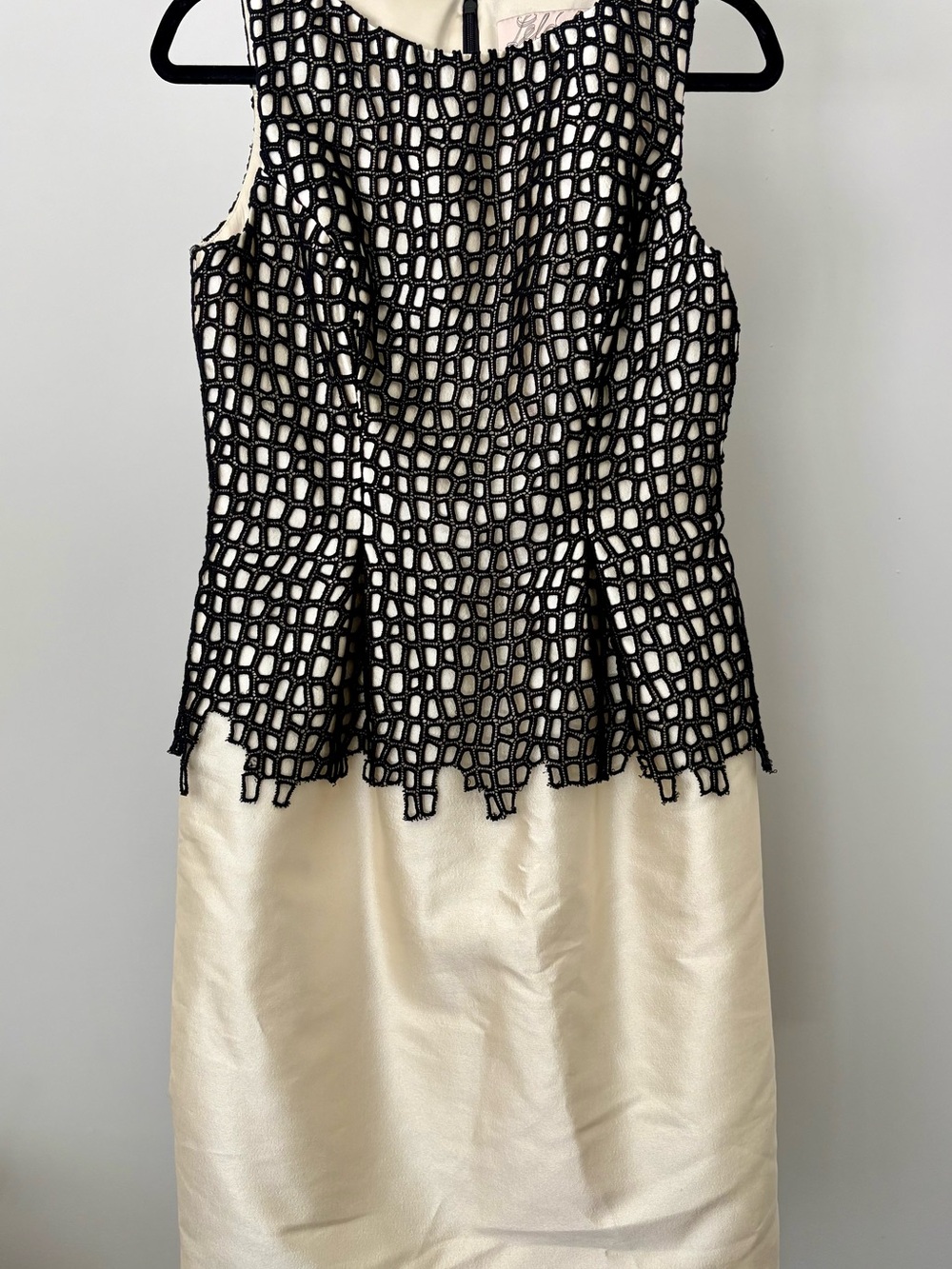 Lela Rose Black Crochet Overlay on Cream Satin Dress